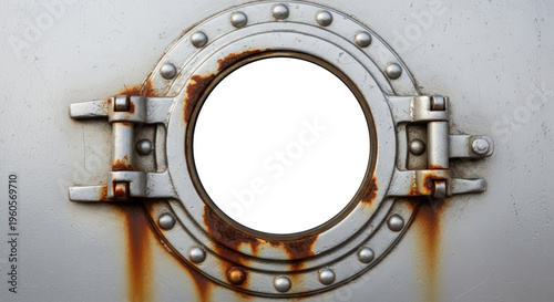 Rusty Metal Porthole Window With Rivets And Hinges Over White Background