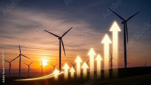 Windturbineslightarrowsatsunsetwithenergyconcept