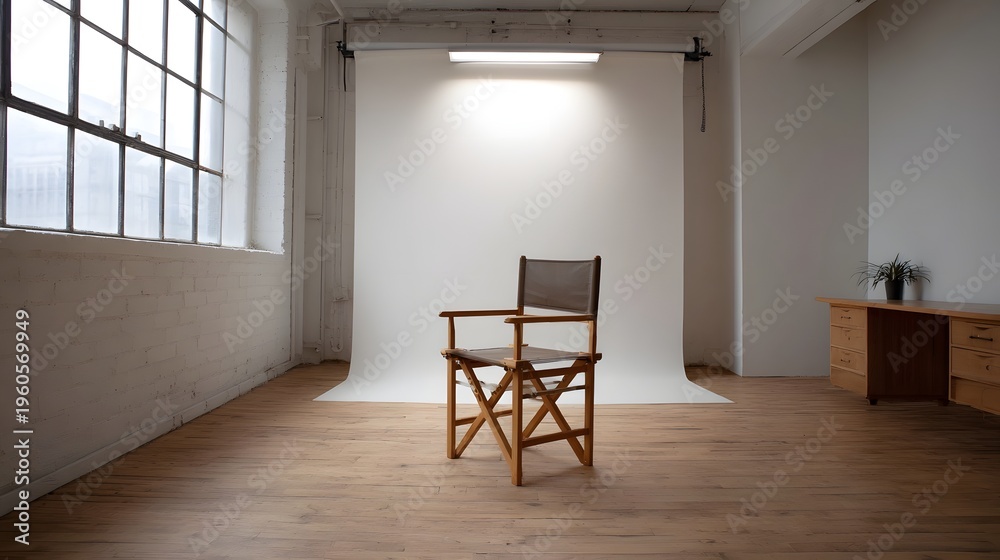 Fototapeta premium Professional studio setup with a director s chair against a seamless white backdrop and large industrial