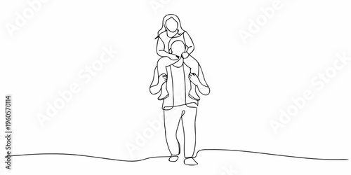 A continuous line drawing depicts a father carrying a child on shoulders