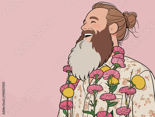 Man with beard wears floral shirt and flower garland while smiling brightly against a light pink background