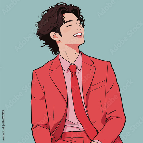 Young man smiles while wearing a red suit with a matching tie in a simple background setting