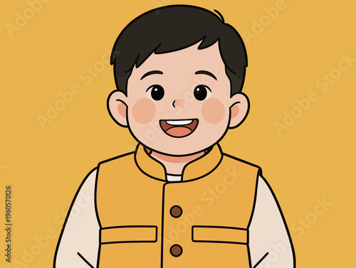 Child dressed in traditional attire smiles and poses against a bright yellow background during a festive occasion