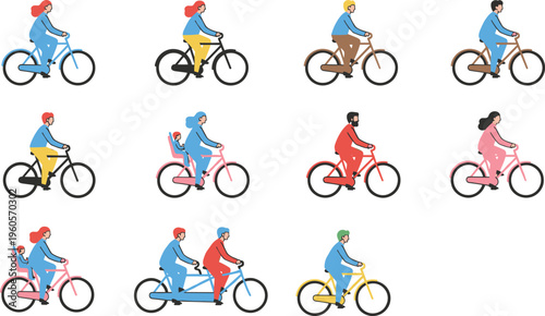 Bicycle riders vector illustration with diverse people, tandem bikes, child seats, and colorful cycling designs