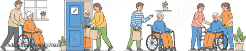 Caregiving vector illustration showing support for elderly woman with wheelchair, groceries, conversation, and walker assistance