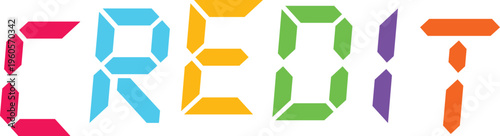 Credit text with colorful digital segment font style on transparent background for finance and payment illustrations.
