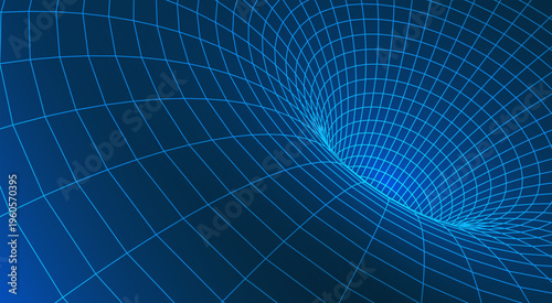 High-tech nanotechnology tunnel with 3D wireframe mesh and neon blue glowing geometric structure representing atomic lattice flow, innovation vector illustration.