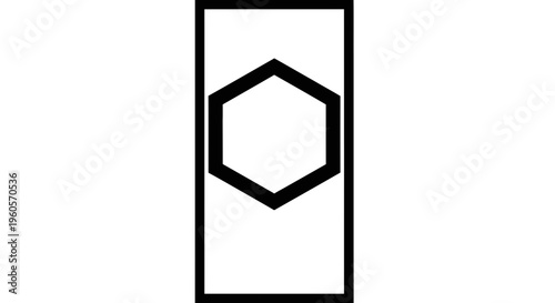 Minimalist black hexagon outline centered within a tall rectangular frame an abstract geometric