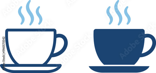 Two steaming coffee cups in white and blue on a plain background
