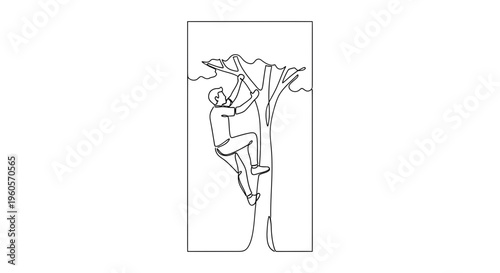 Dynamic continuous line drawing of an adventurous man ascending a tall tree trunk