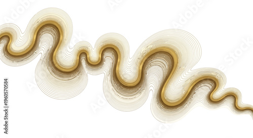 Abstract golden liquid flowing wave on white background with subtle shadows, elegant design element