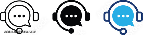 Customer support headset icons with speech bubble, 3 vector elements for call center service, help desk and online consultation graphics