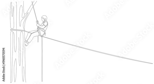 Continuous sketch of a daring person expertly rappelling down a large tree trunk outdoor