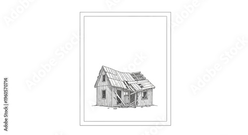 Rustic abandoned wooden shack in an illustrative line art style on a white background depicting