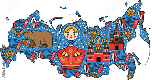 Stylized Russia map vector illustration with cultural icons including bear, matryoshka doll, cathedral, eagle, and snowflakes