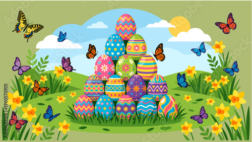 Adorable pixel art illustration of farm animals featuring a cute sheep and yellow chickens in a bright countryside setting. Includes a red barn, green trees, flowers, haystack, and smiling sun