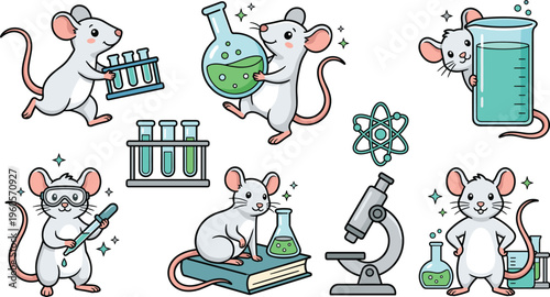 Cartoon Mice Scientists in Laboratory with Test Tubes, Flasks, and Microscope for Science, Chemistry, and Education Designs