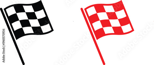 Two checkered flags waving on poles one black and white the other red and white racing and speed concept