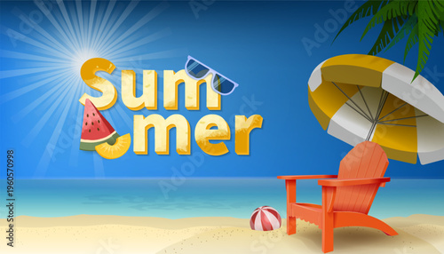 Summer Beach Banner with Sunburst Light Tropical Ocean Scene and Beach Chair Umbrella with Fresh Fruit Elements for Seasonal Vacation Promotion Design