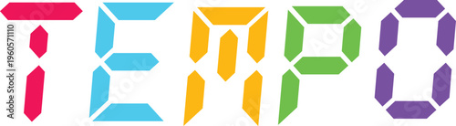 Digital display showing the word tempo in bright colorful segmented digits on a transparent background.
