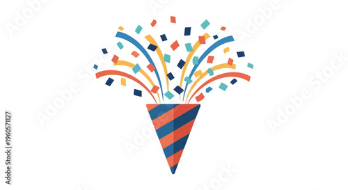 Vibrant flat illustration of a party popper bursting with a shower of colorful confetti, perfect for celebrating joy, success, and festive special occasions