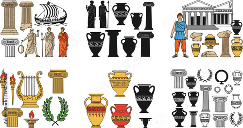 Ancient Greek elements collection with columns amphora statues laurel wreaths and classical artifacts vector illustration set