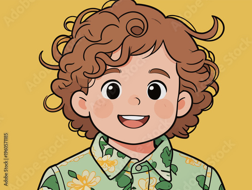 Young child with curly hair smiles brightly against a yellow background during a fun moment indoors