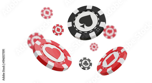 Casino chips flying in a playful and dynamic composition with a white background, perfect for gaming and entertainment themes