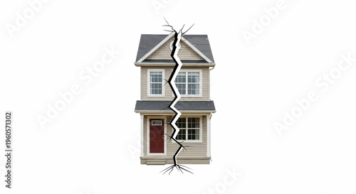 Symbolic imagery of a home fractured by a dramatic crack indicating divorce or property division
