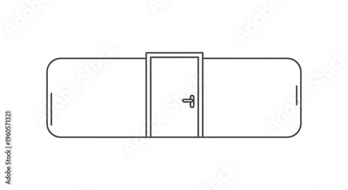 Minimalist line art rendering of a doorway centered within a sleek rounded rectangular border