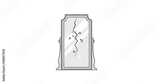 Cracked full-length cheval mirror displaying sharp fractures and broken glass, symbolizing