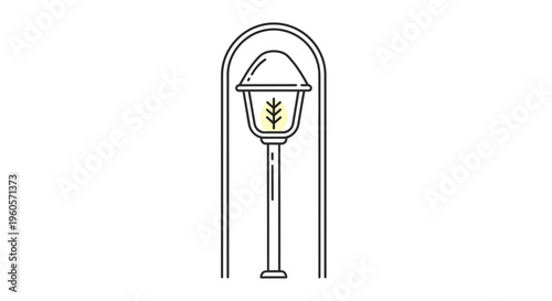 Minimalist line art illustration of an elegant street lamp design featuring a subtle glowing leaf