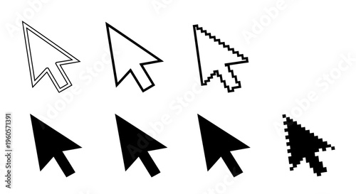 Varied computer mouse cursors and interface pointers, featuring pixelated, outlined, and solid arrow designs for digital navigation and UI/UX development projects