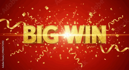 Sparkling golden text announces a momentous victory, enveloped by a shower of glittering confetti and elegant ribbons, symbolizing ultimate success and achievement