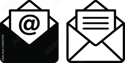 Email icons with envelope and at symbol for online communication and messaging services