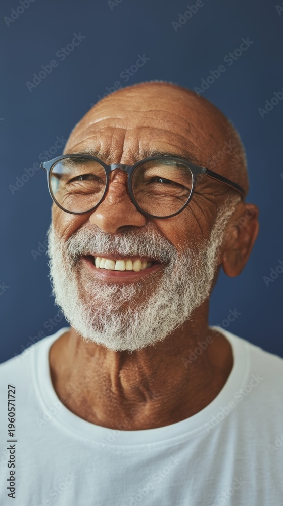 Obraz premium Smiling Old Man with a Beard in a White Shirt and Glasses, Against a Blue Background.