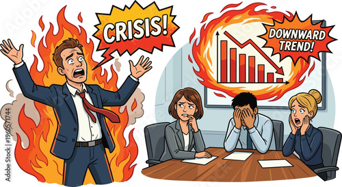 Business Crisis and Panic Scene with Charts, Downward Trend, and Stressful Meeting for Corporate, Management, and Workplace Designs