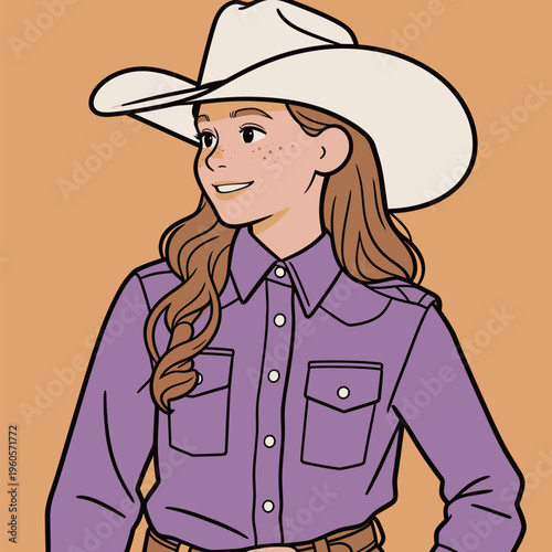 Cowgirl in purple shirt and cowboy hat smiles against an orange background during a sunny day