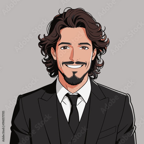 Young man in a suit smiles and poses for a picture against a plain background during a formal event or gathering