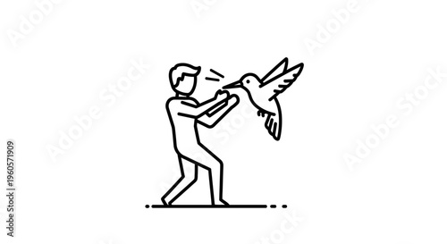 Minimalist vector illustration depicting a person tenderly interacting with a flying hummingbird