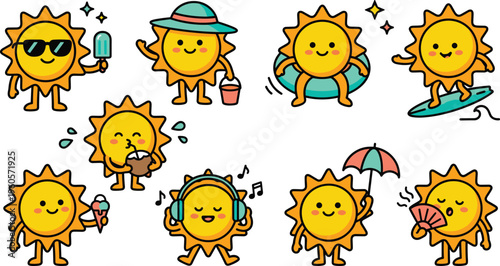 Set of Cute Sunny Characters Enjoying Summer Activities with Sunglasses, Drinks, and Music