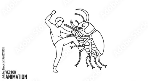 Stylized illustration of a person vigorously kicking a formidable insect pest in combat