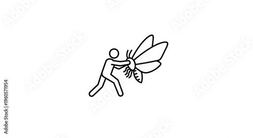 Minimalist line art depicting a human figure engaged in a struggle with an oversized winged insect