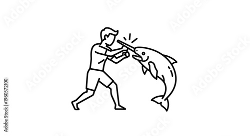 A stylized line art illustration capturing a person's intense confrontation with a leaping narwhal