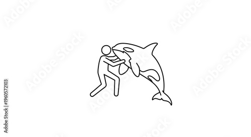Minimalist line art depicting human interaction with a majestic orca killer whale showing a gentle