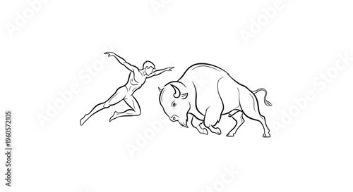 Dynamic human agility confronting powerful charging bovine icon in striking minimalist artwork