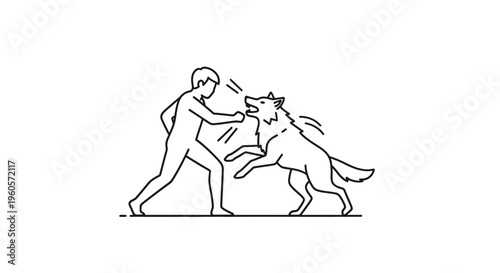Minimalist graphic depicting a human and canine in a tense confrontation, symbolizing defense and