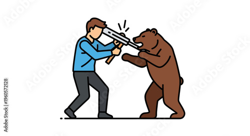 Stylized man confronting a wild bear with a rifle in a vibrant outline illustration style