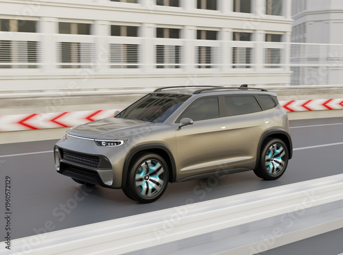 Metallic gray Electric SUV driving on the highway. 3D rendering image.