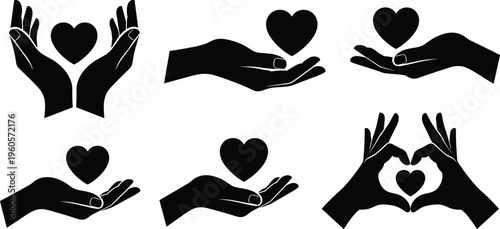Black Silhouette Hand and Heart Icon Collection Featuring Gestures of Giving, Caring, Protecting, and Loving for Charity, Health, and Romantic Design Projects